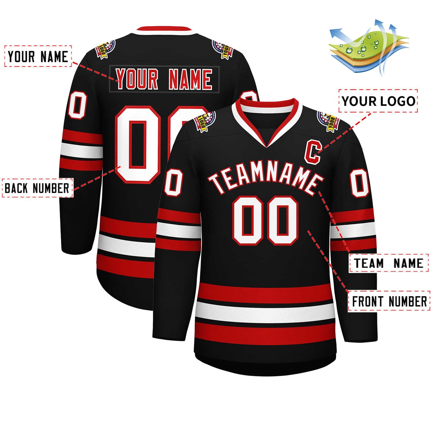 Custom Black White-Red Classic Style Hockey Jersey Limited