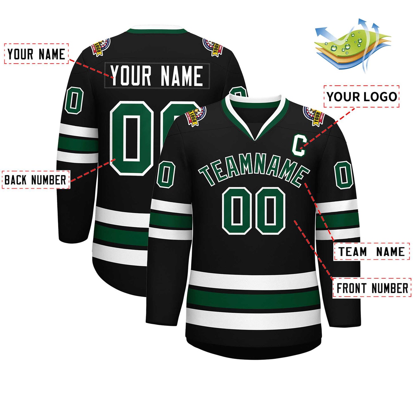Custom Black Green-White Classic Style Hockey Jersey Limited