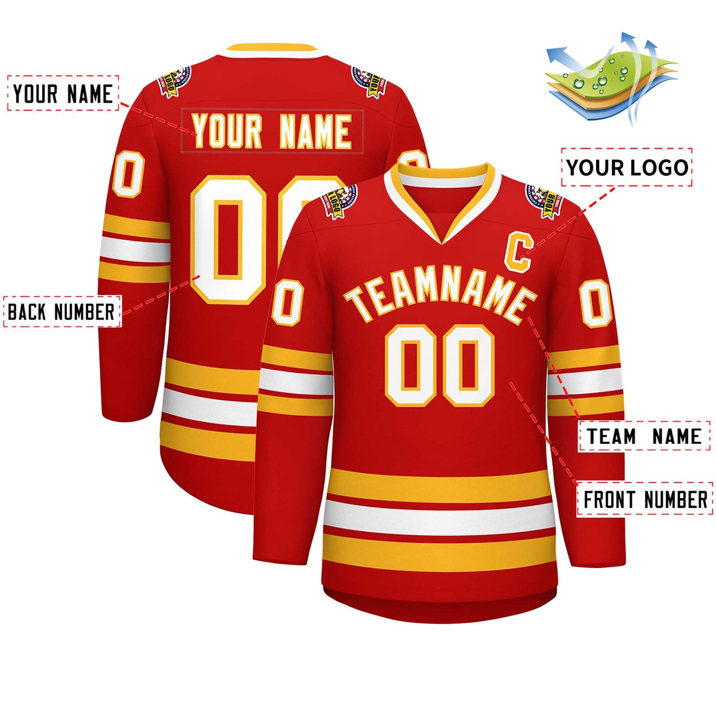 Custom Red White-Gold Classic Style Hockey Jersey Limited