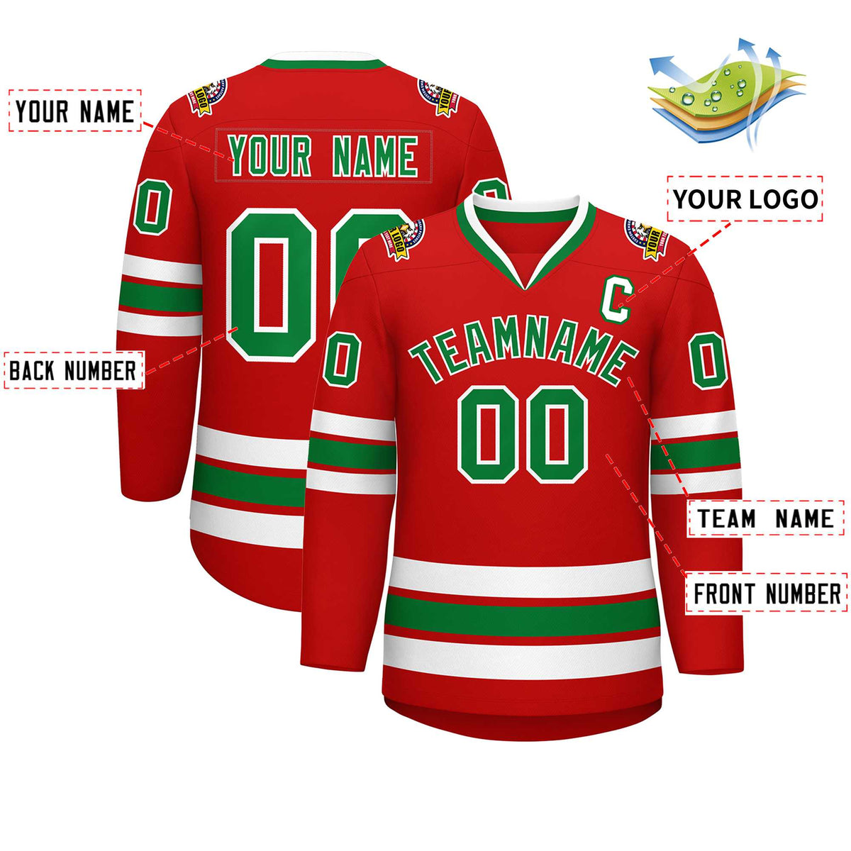 Custom Red Kelly Green-White Classic Style Hockey Jersey Limited
