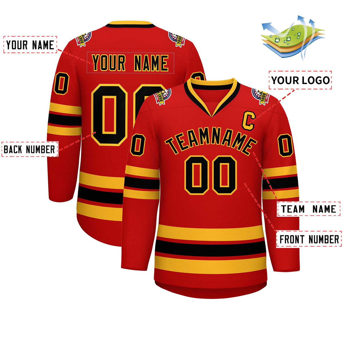 Custom Red Black-Gold Classic Style Hockey Jersey Limited