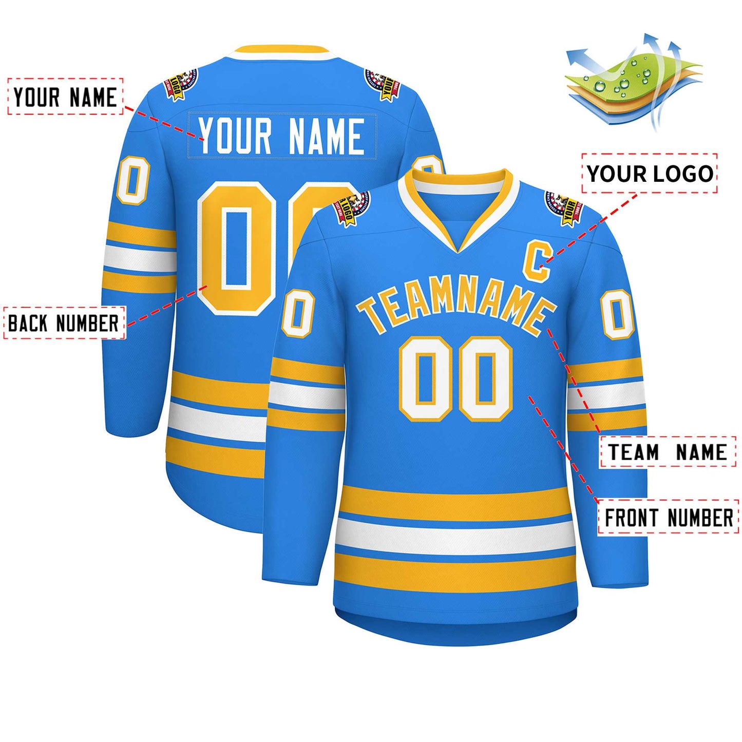 Custom Powder Blue Gold-White Classic Style Hockey Jersey Limited