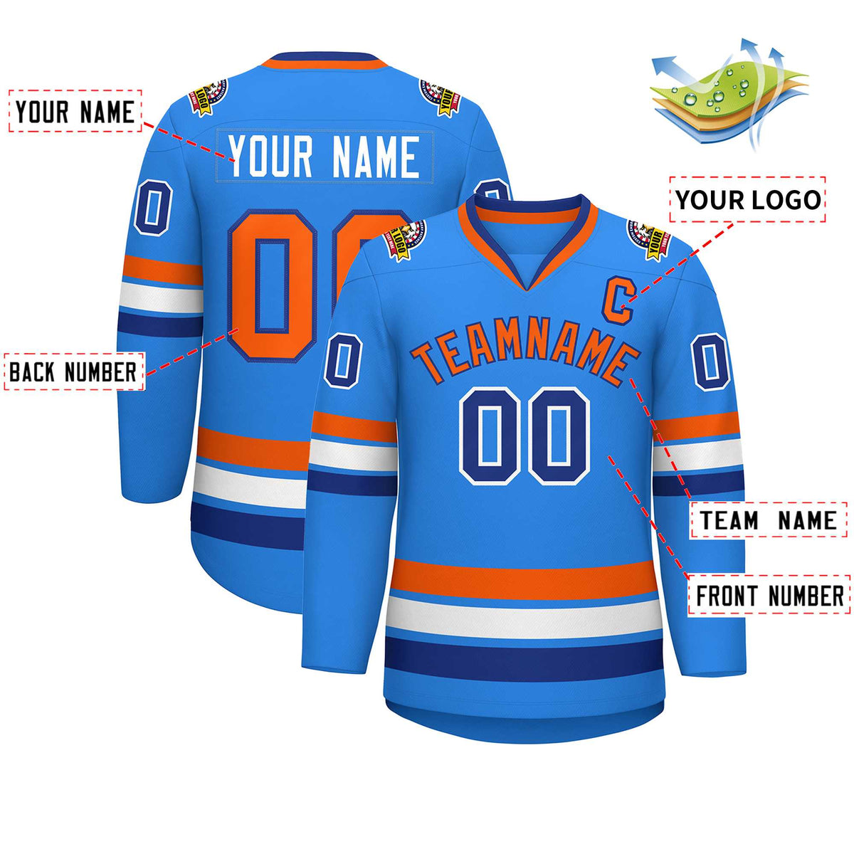 Custom Powder Blue Orange-Royal Classic Style Hockey Jersey Limited