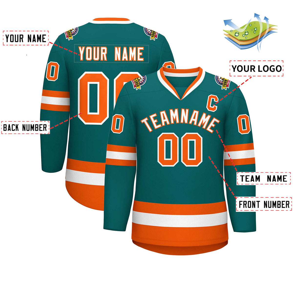 Custom Teal White-Orange Classic Style Hockey Jersey Limited