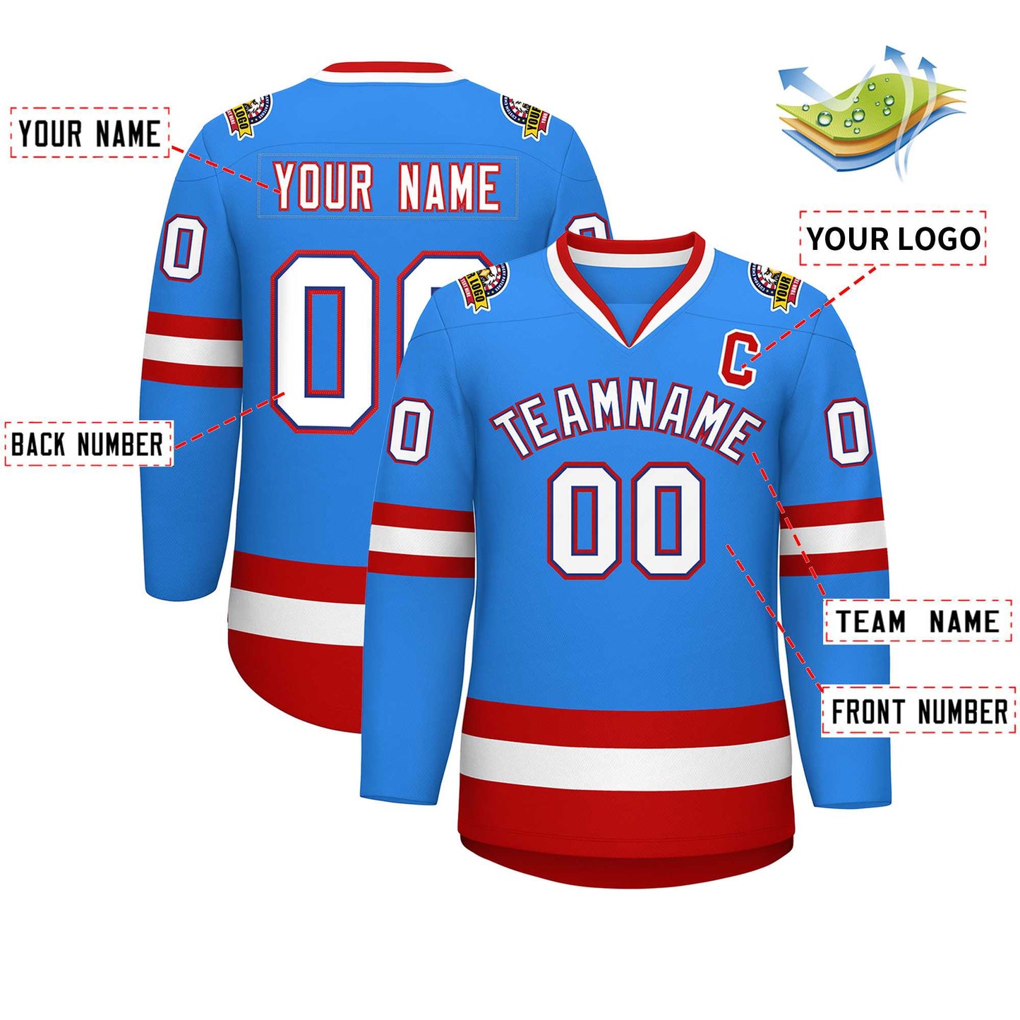Custom Powder Blue White Royal-Red Classic Style Hockey Jersey Limited