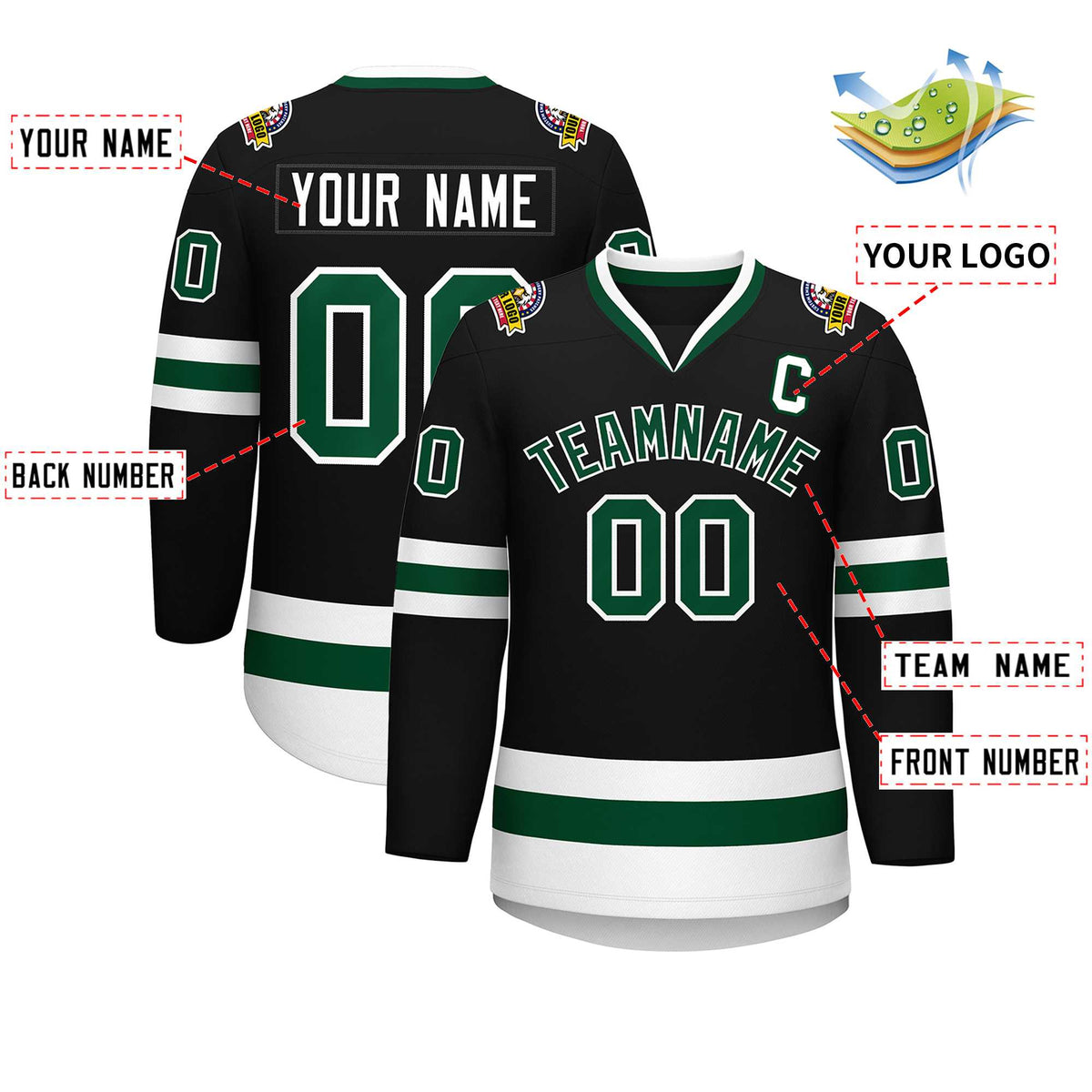 Custom Black Green-White Classic Style Hockey Jersey Limited