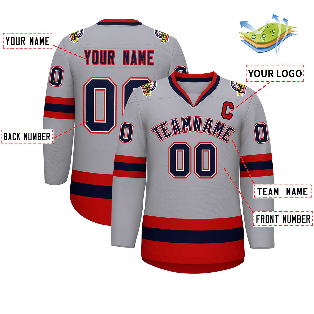 Custom Gray Navy White-Red Classic Style Hockey Jersey Limited