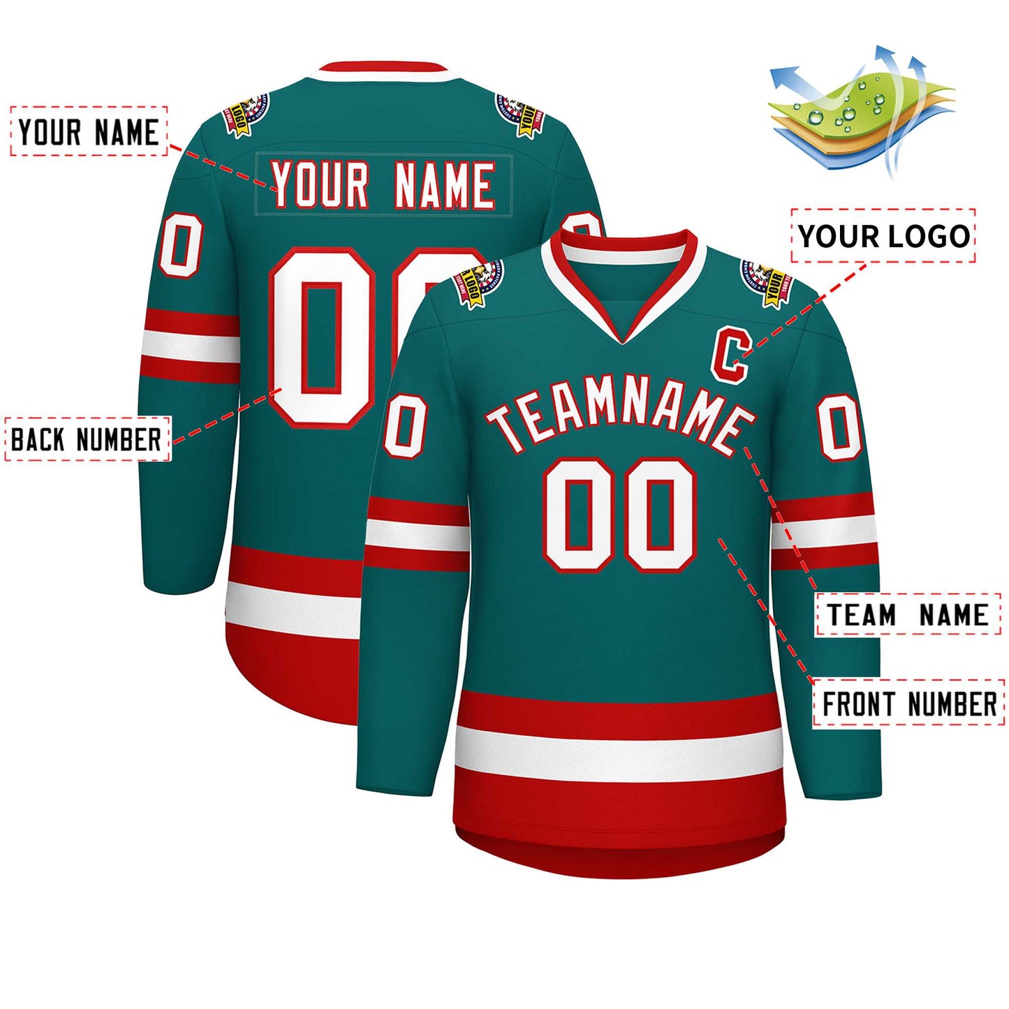 Custom Teal White-Red Classic Style Hockey Jersey Limited