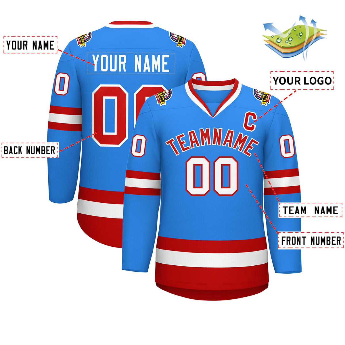Custom Powder Blue Red-White Classic Style Hockey Jersey Limited