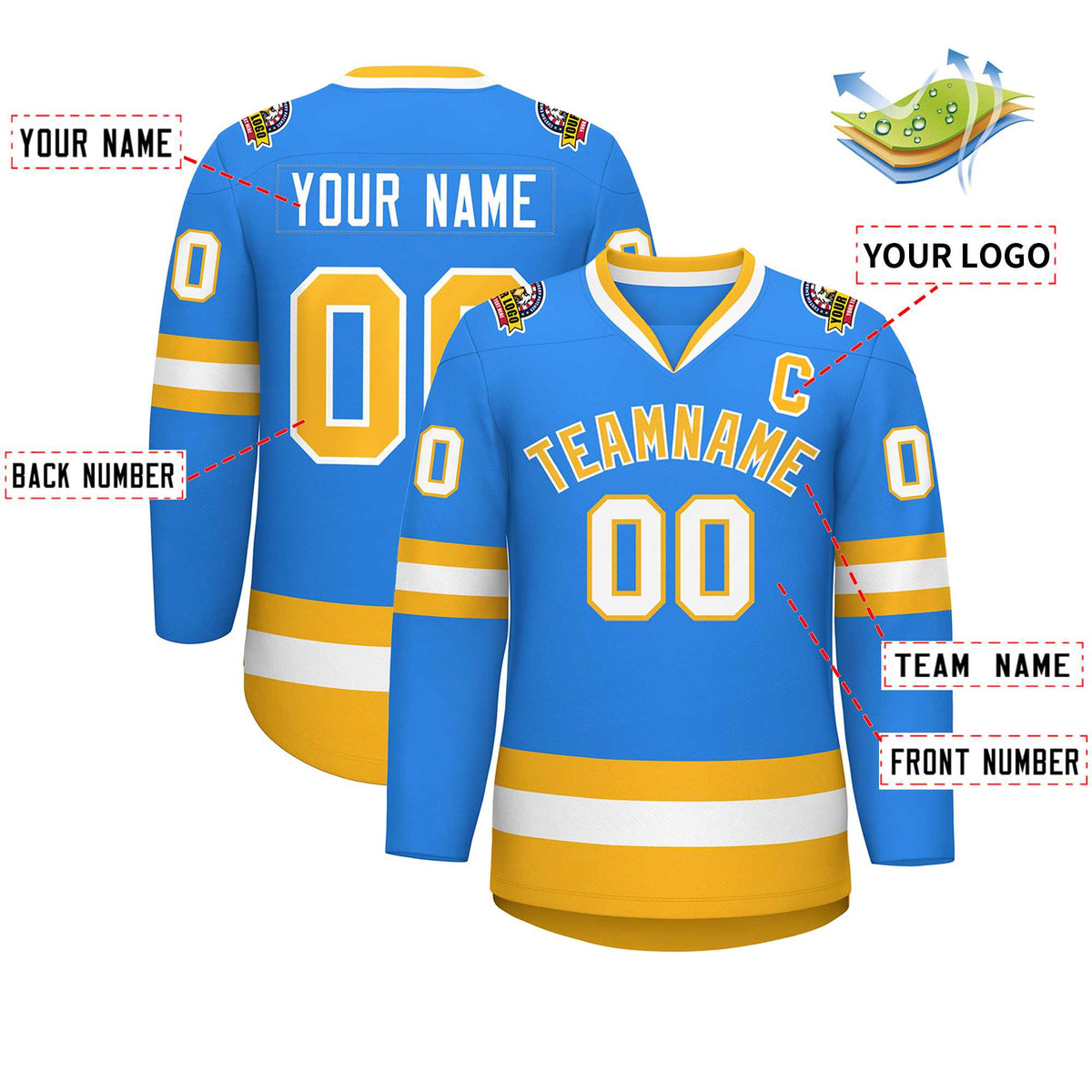 Custom Powder Blue Gold-White Classic Style Hockey Jersey Limited