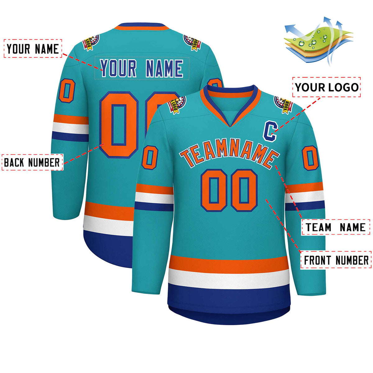 Custom Aqua Orange Royal-White Classic Style Hockey Jersey Limited