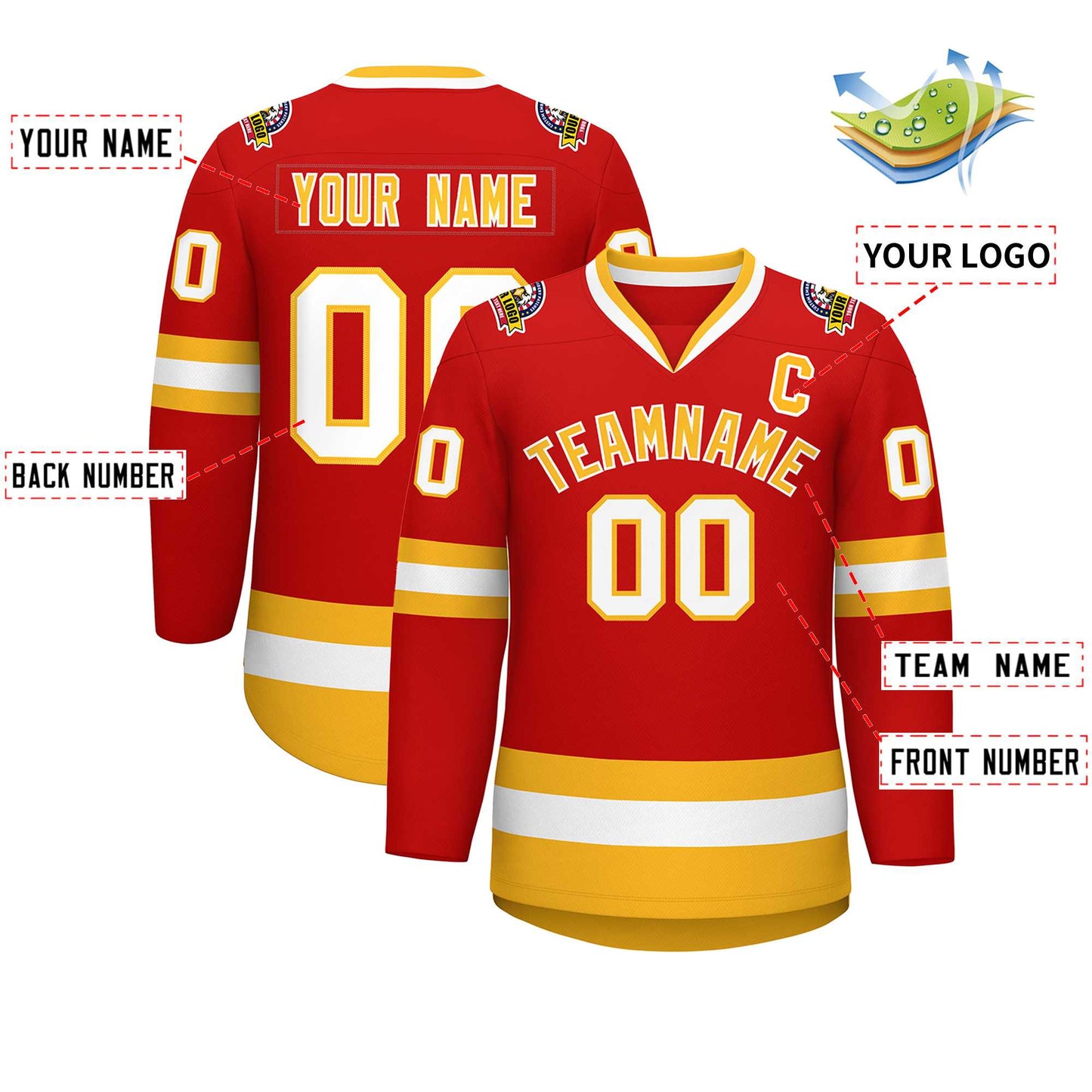 Custom Red Gold-White Classic Style Hockey Jersey Limited