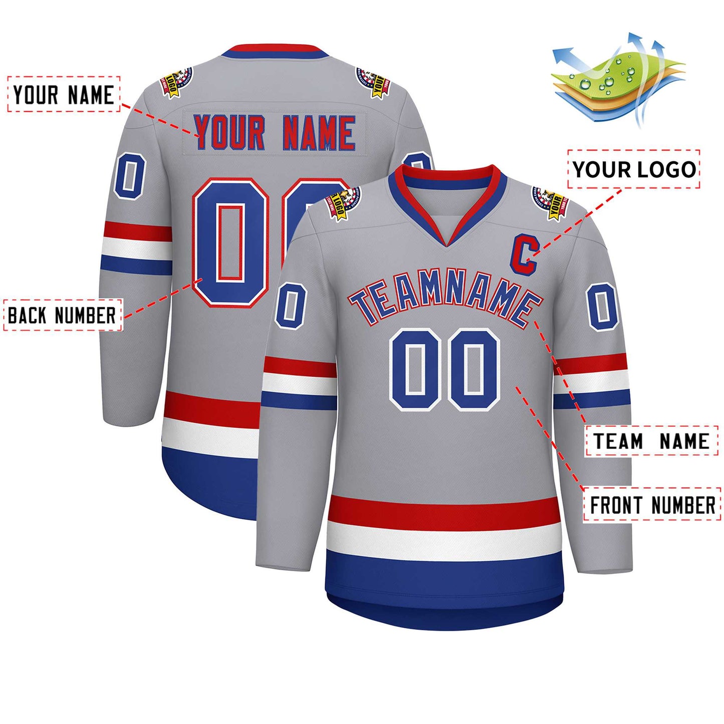 Custom Gray Royal White-Red Classic Style Hockey Jersey Limited