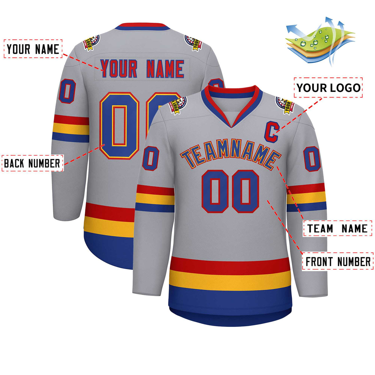 Custom Gray Royal Gold-Red Classic Style Hockey Jersey Limited