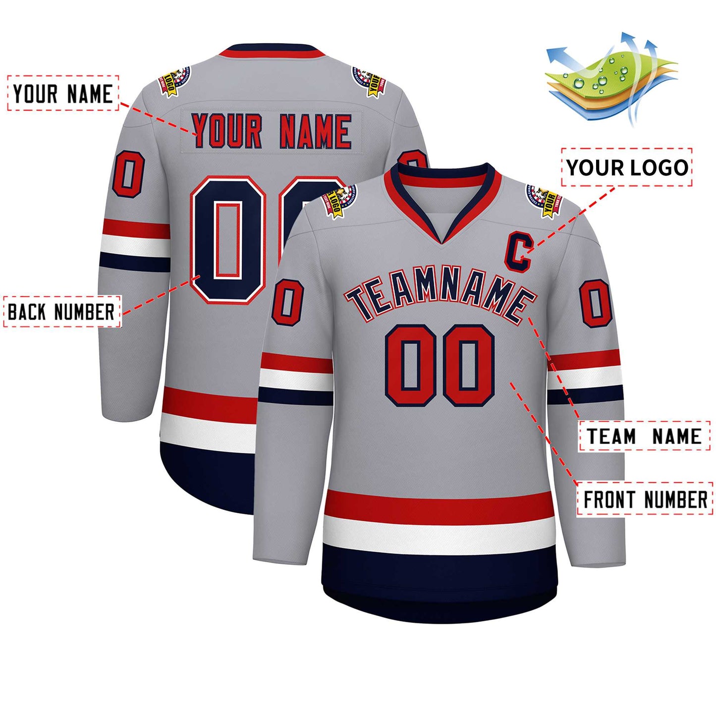Custom Gray Navy White-Red Classic Style Hockey Jersey Limited