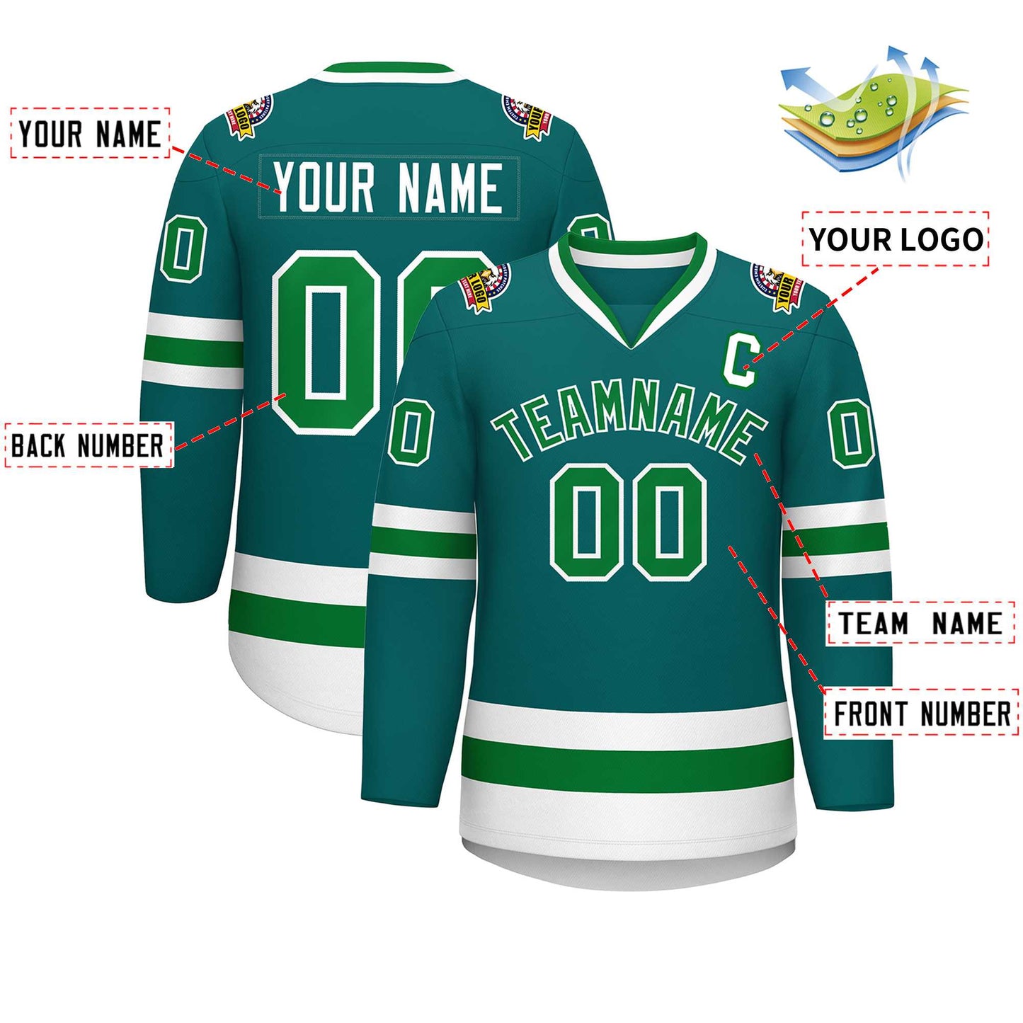 Custom Teal Kelly Green-White Classic Style Hockey Jersey Limited