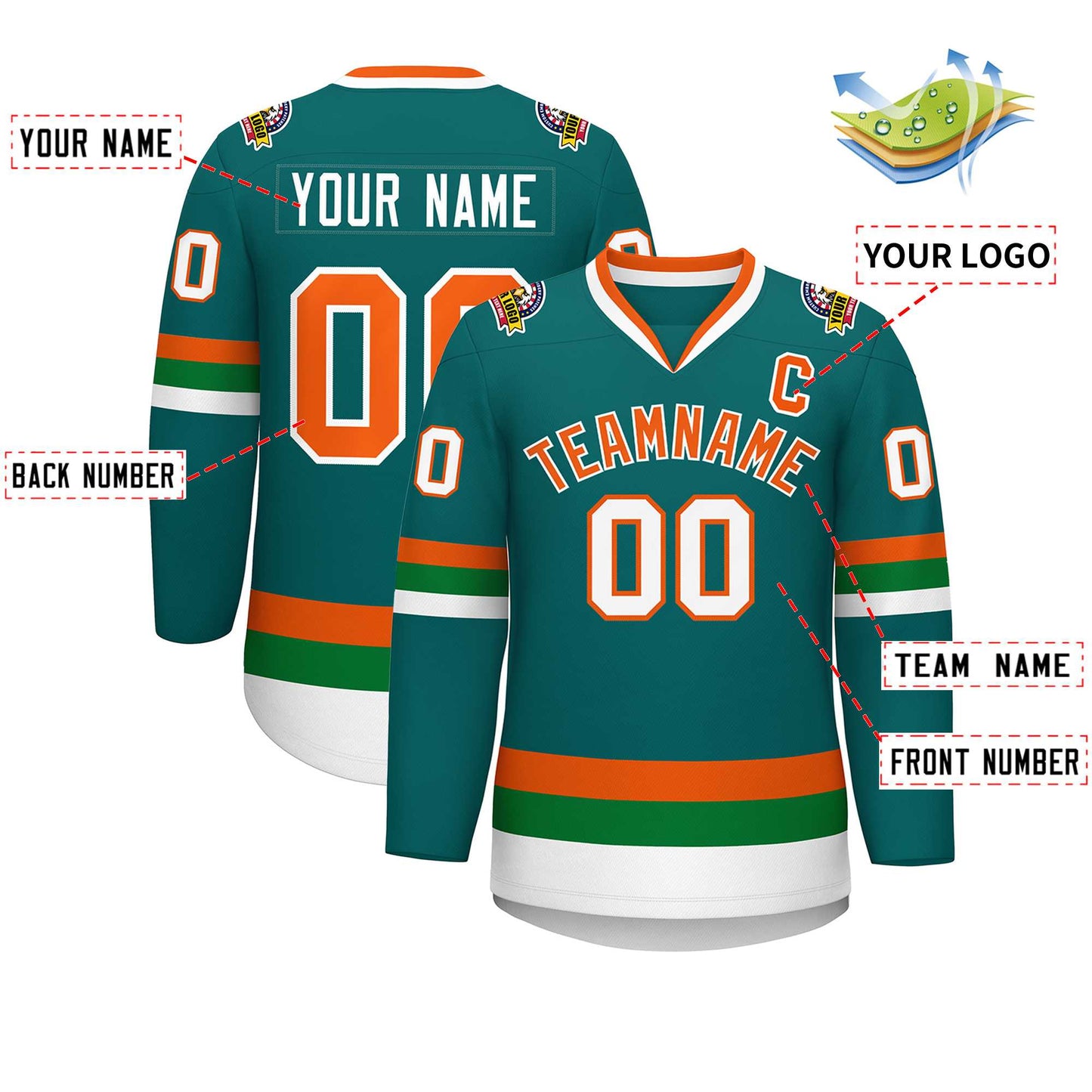 Custom Teal Orange-White Classic Style Hockey Jersey Limited