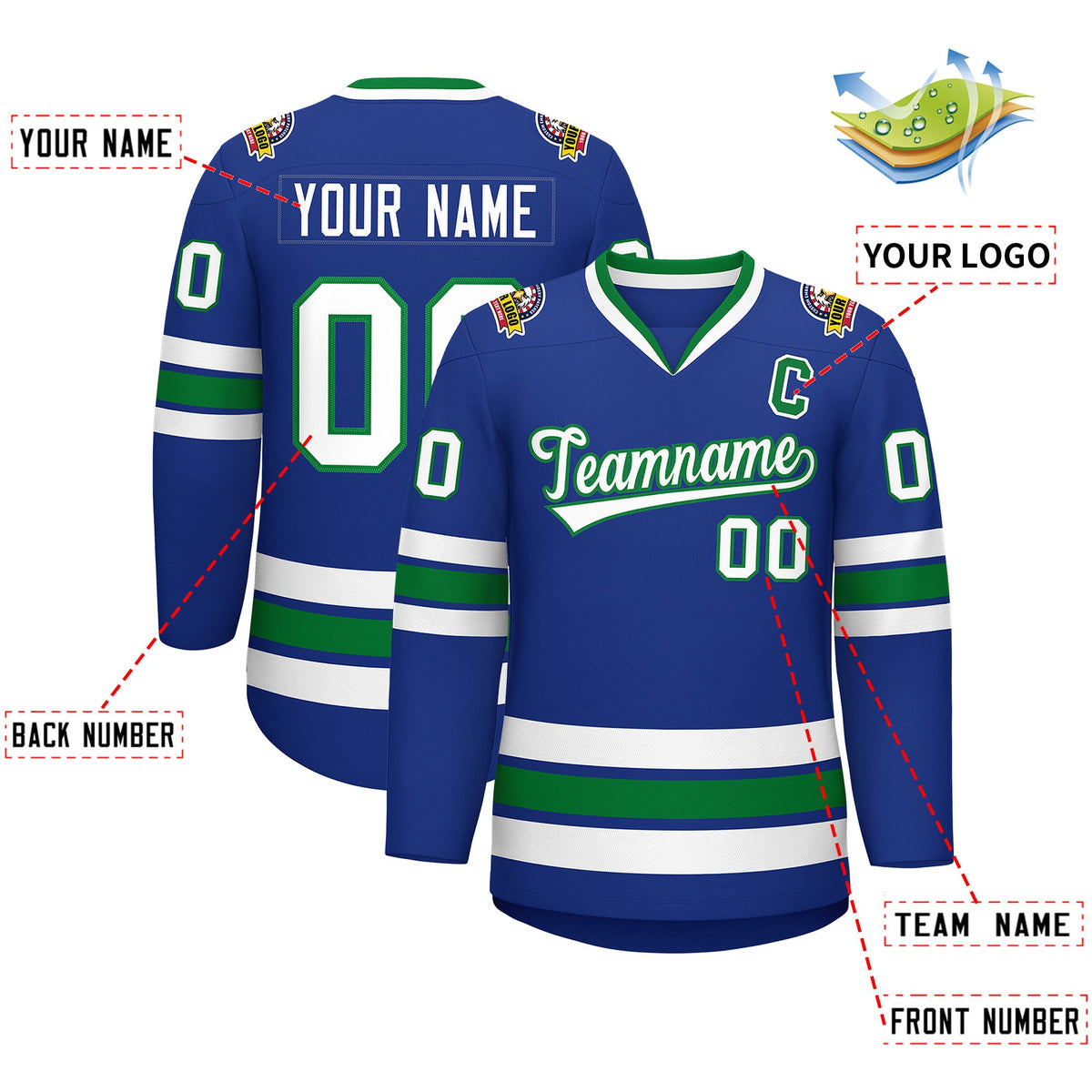 Custom Royal White-Kelly Green Classic Style Hockey Jersey Limited