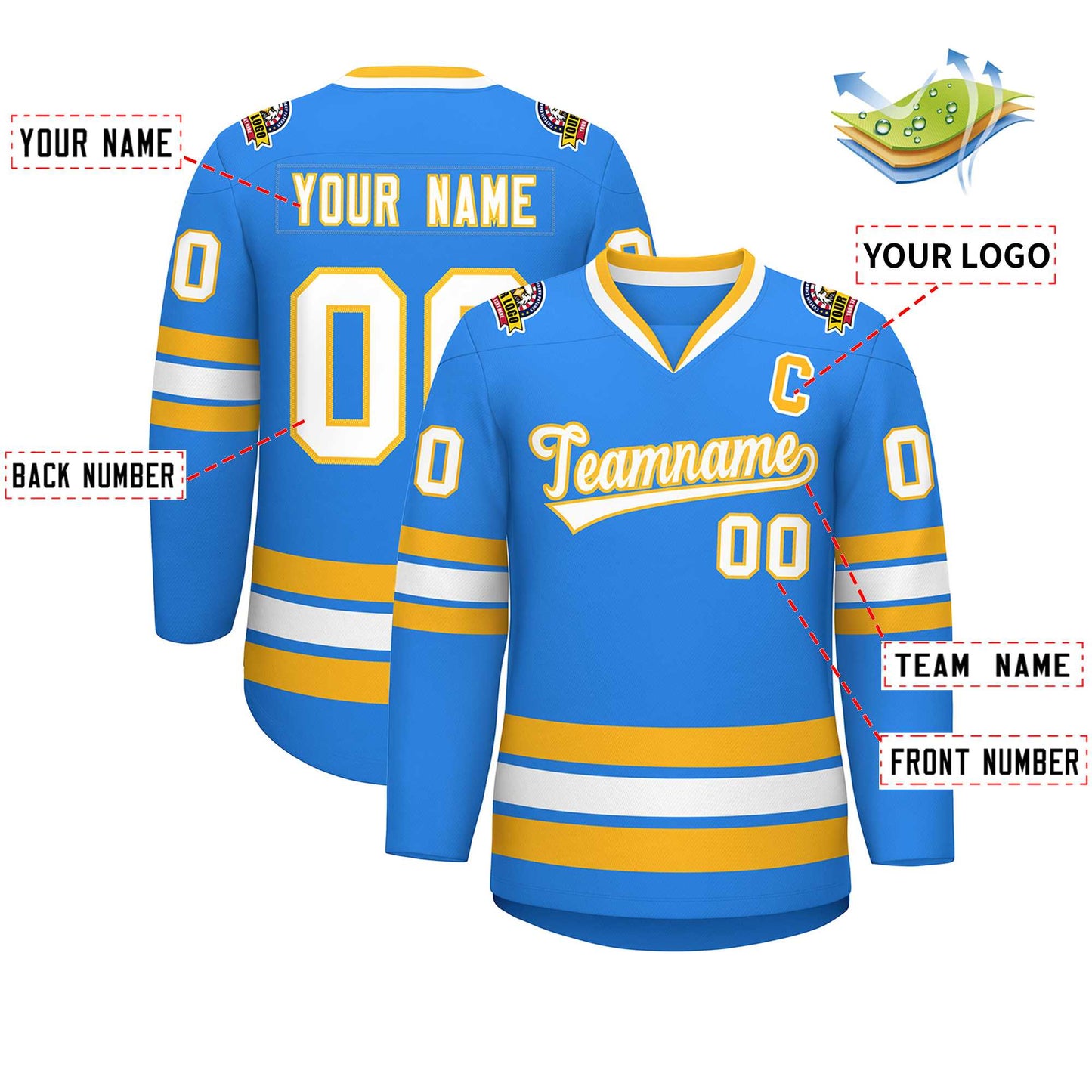 Custom Powder Blue White-Gold Classic Style Hockey Jersey Limited