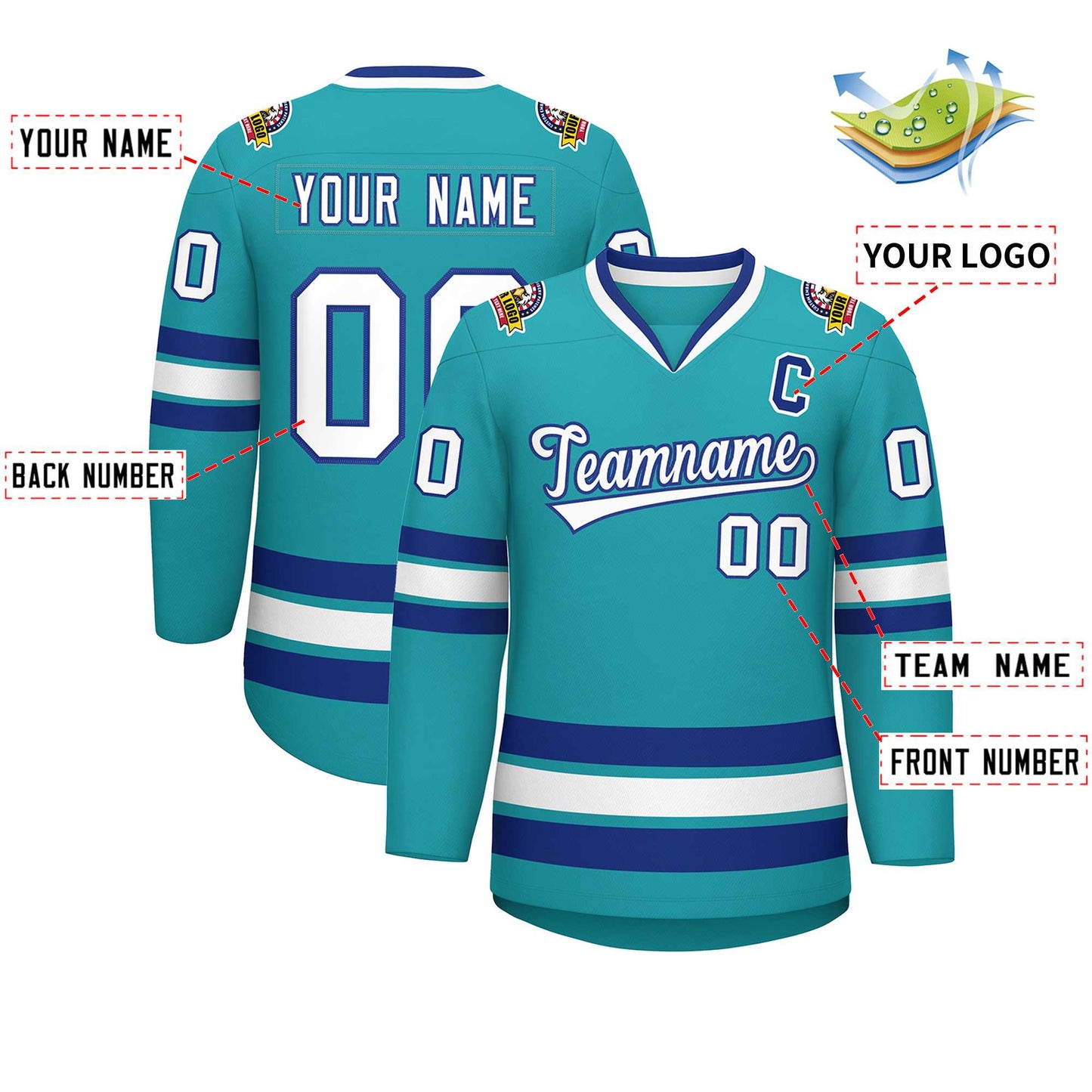 Custom Aqua White-Royal Classic Style Hockey Jersey Limited