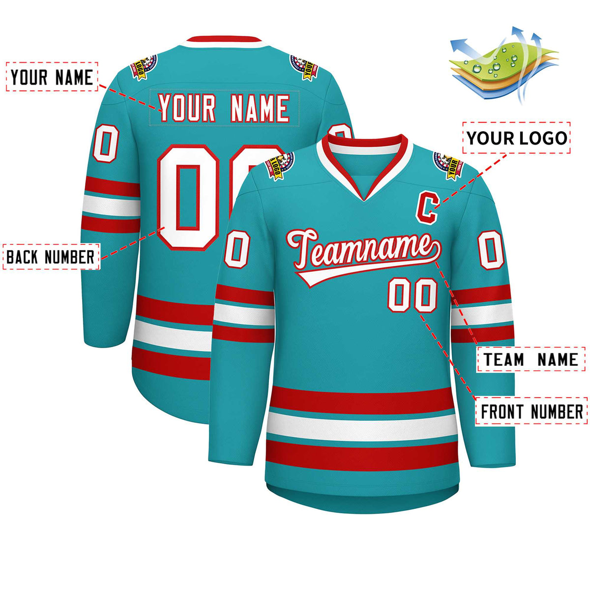 Custom Aqua White-Red Classic Style Hockey Jersey Limited