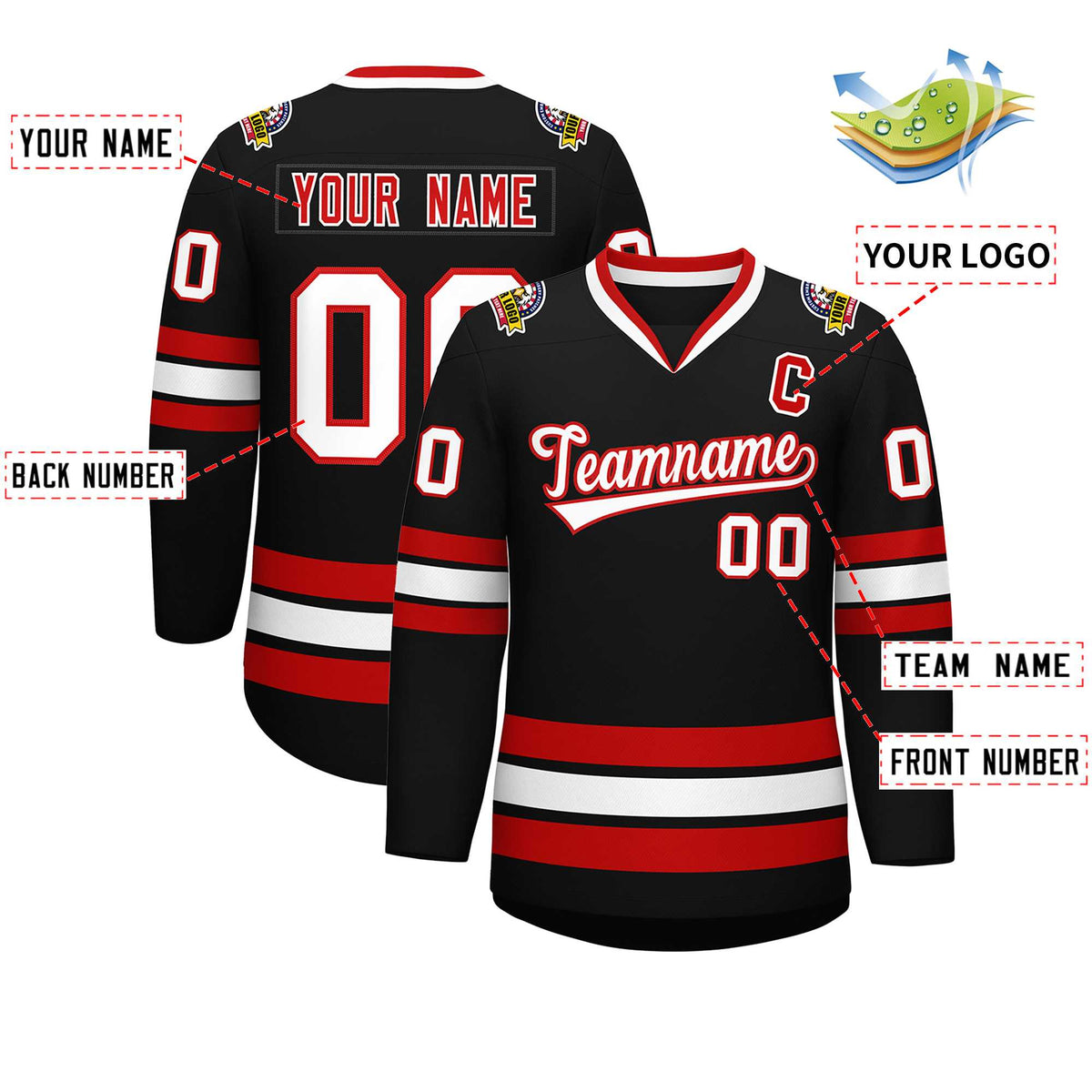 Custom Black White-Red Classic Style Hockey Jersey Limited