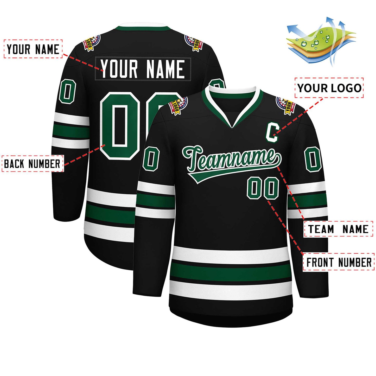 Custom Black Green-White Classic Style Hockey Jersey Limited