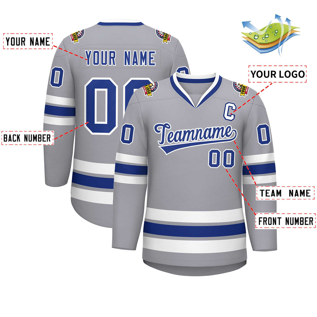 Custom Gray Royal-White Classic Style Hockey Jersey Limited