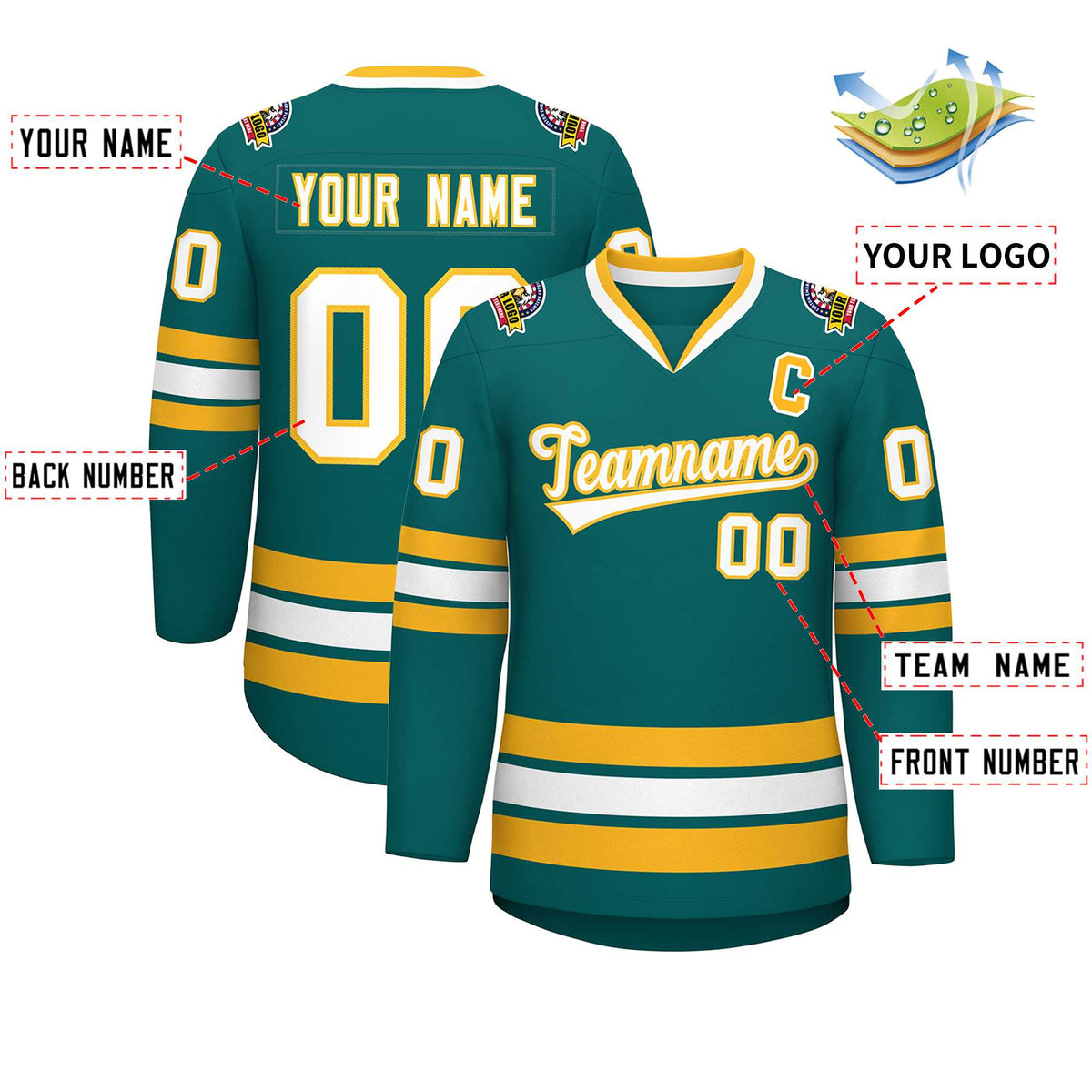 Custom Aqua White-Gold Classic Style Hockey Jersey Limited
