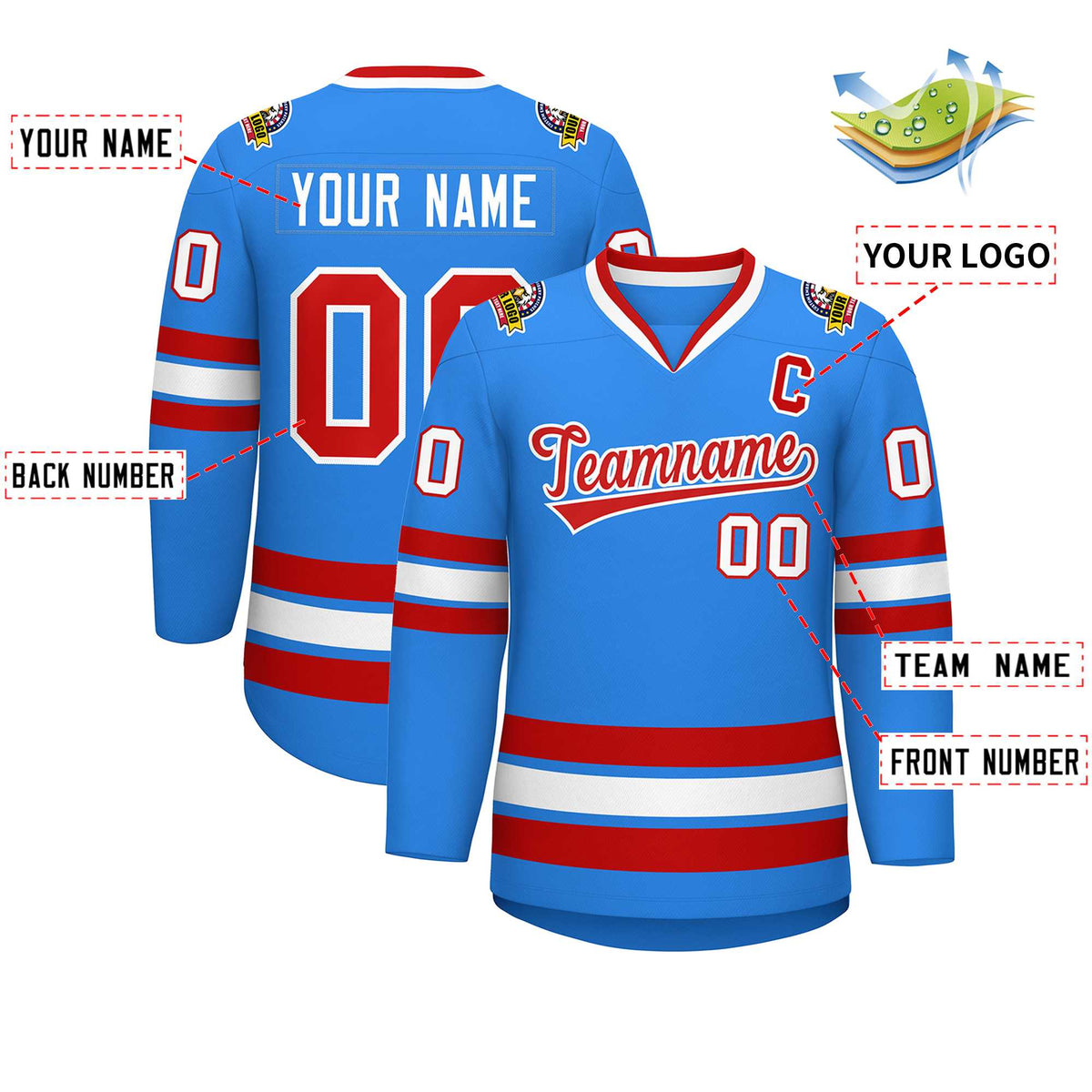 Custom Powder Blue Red-White Classic Style Hockey Jersey Limited