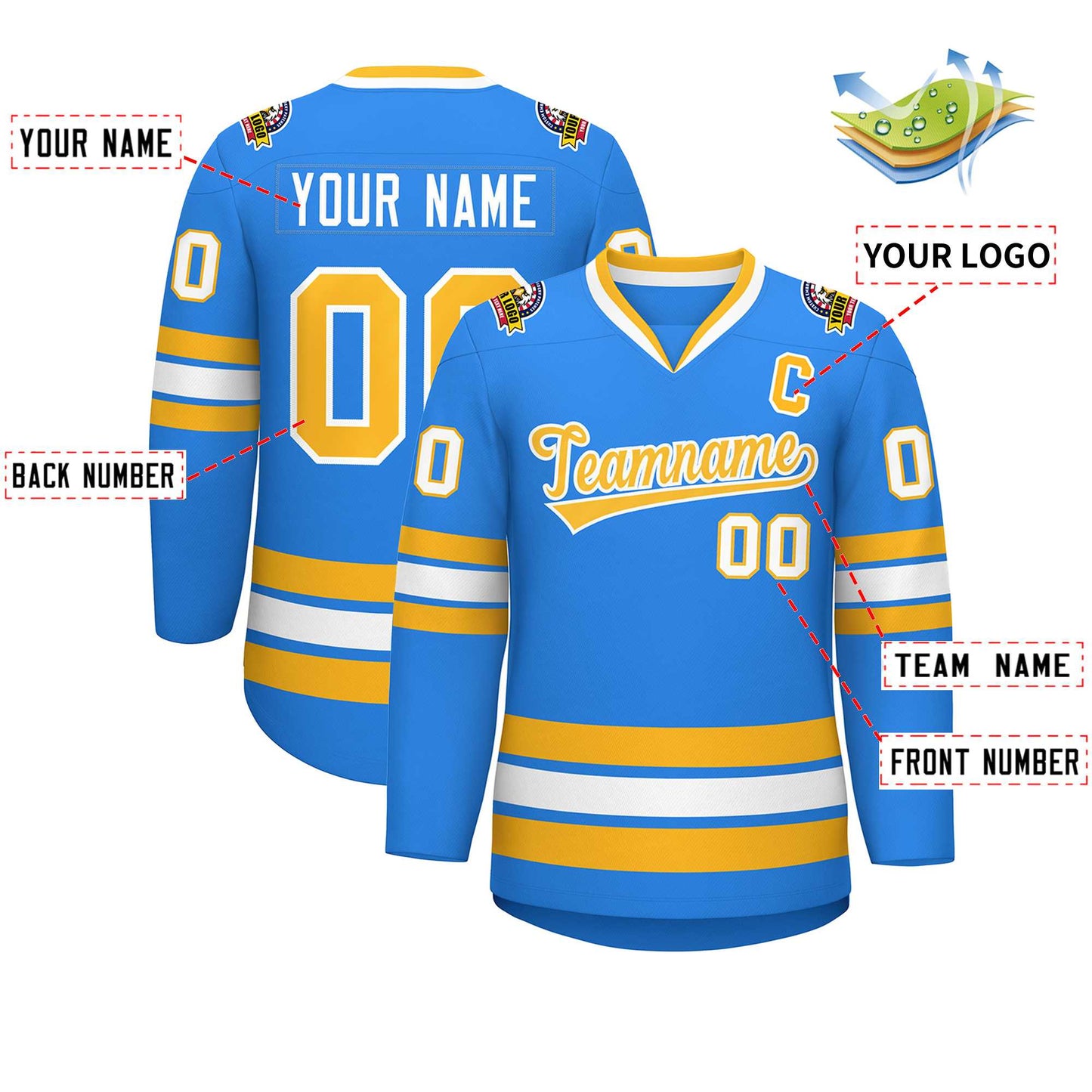 Custom Powder Blue Gold-White Classic Style Hockey Jersey Limited