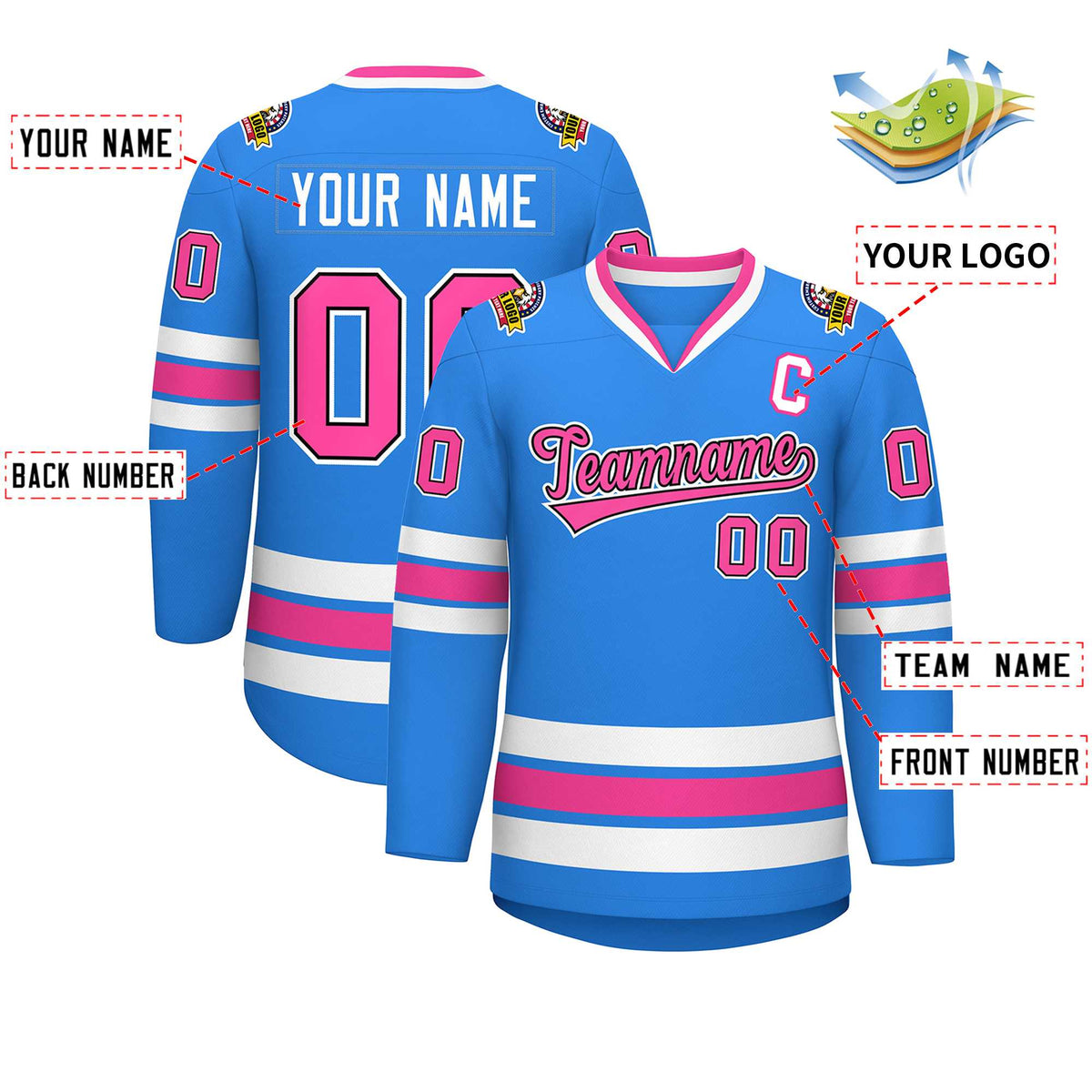 Custom Powder Blue Pink Black-White Classic Style Hockey Jersey Limited