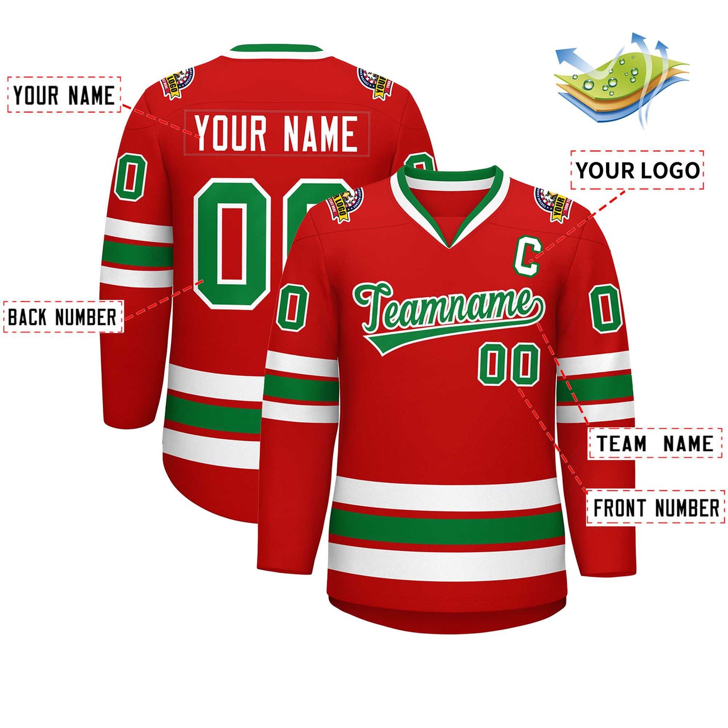 Custom Red Kelly Green-White Classic Style Hockey Jersey Limited