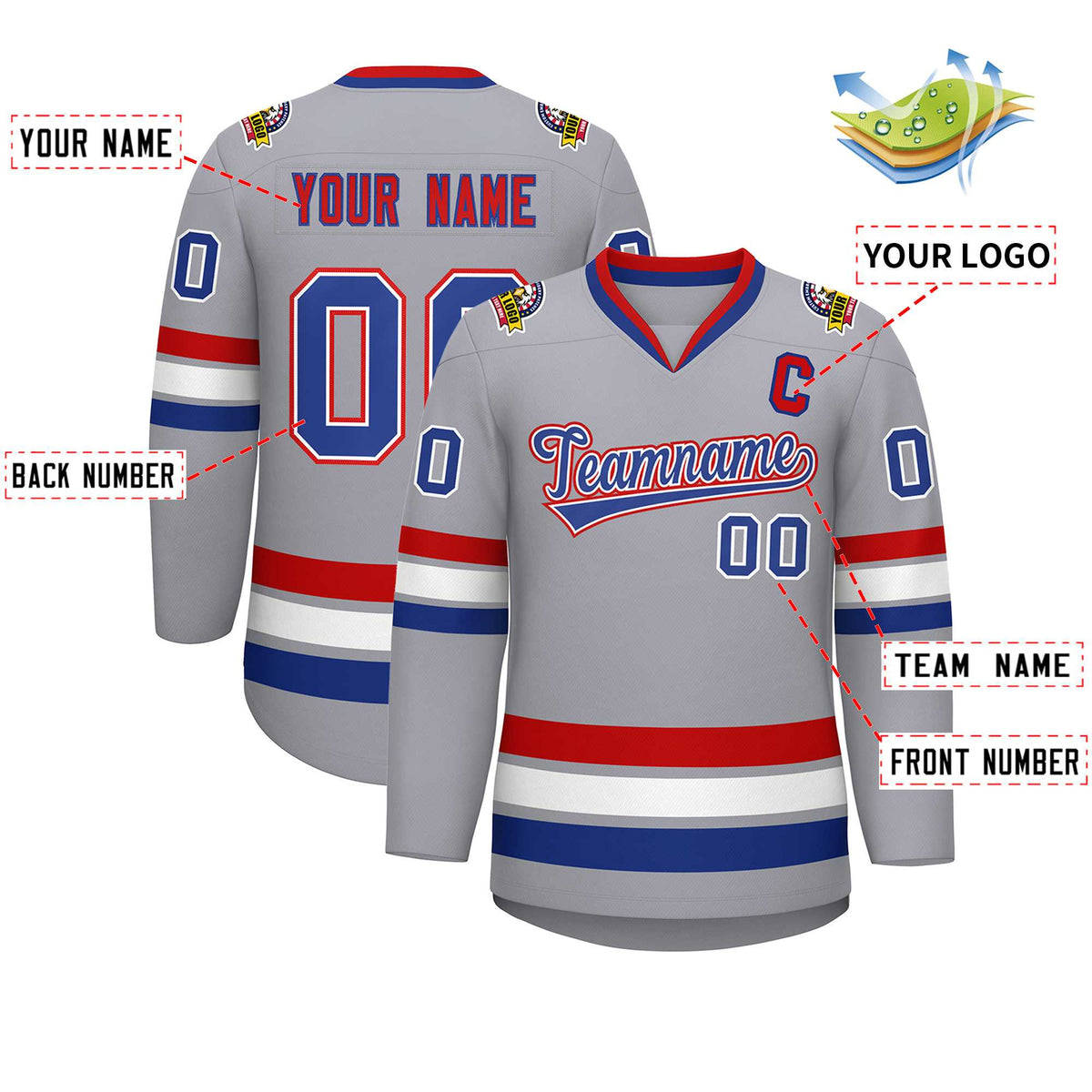 Custom Gray Royal White-Red Classic Style Hockey Jersey Limited