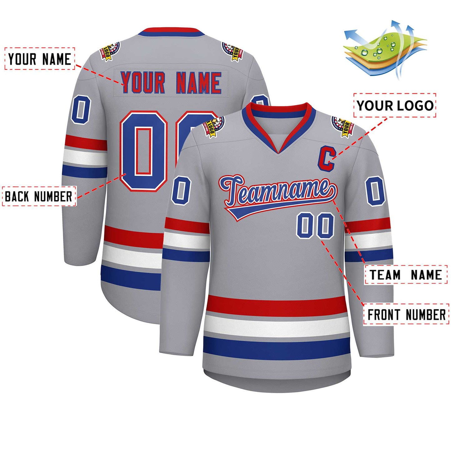 Custom Gray Royal White-Red Classic Style Hockey Jersey Limited