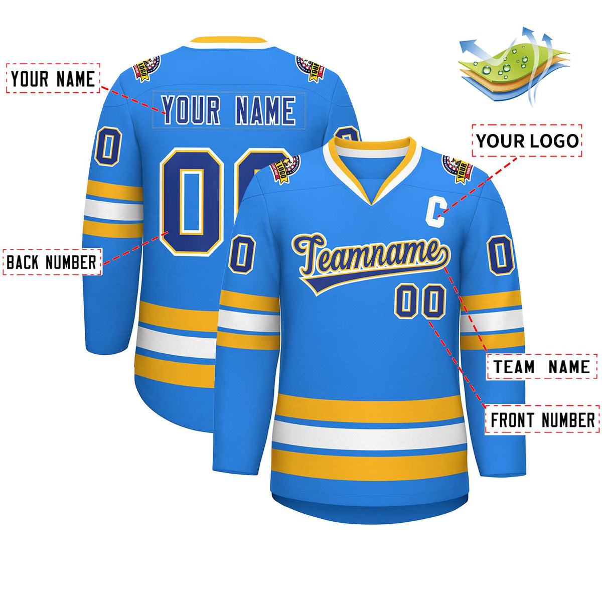 Custom Powder Blue Royal Gold-White Classic Style Hockey Jersey Limited