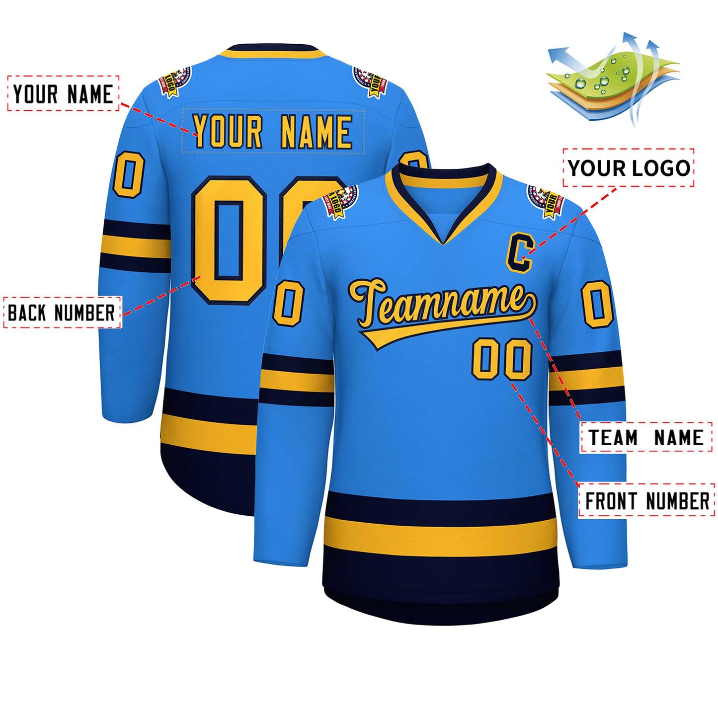 Custom Powder Blue Gold-Navy Classic Style Hockey Jersey Limited