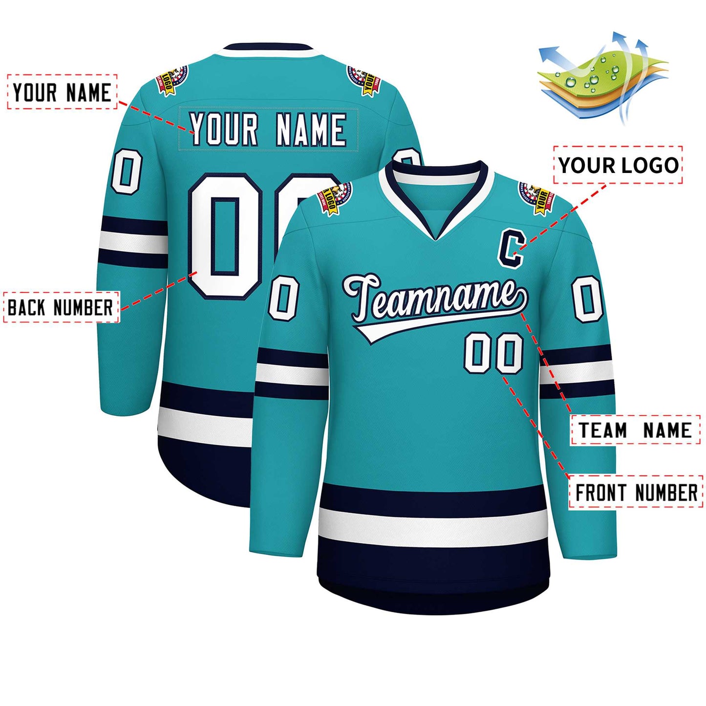 Custom Aqua White-Navy Classic Style Hockey Jersey Limited