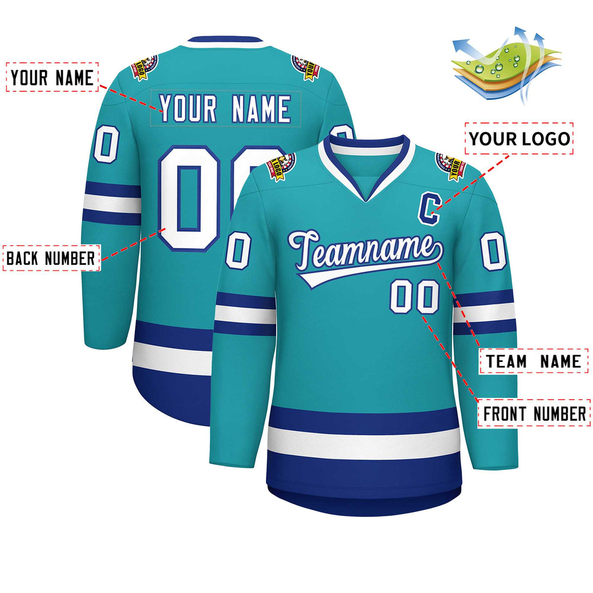 Custom Aqua White-Royal Classic Style Hockey Jersey Limited