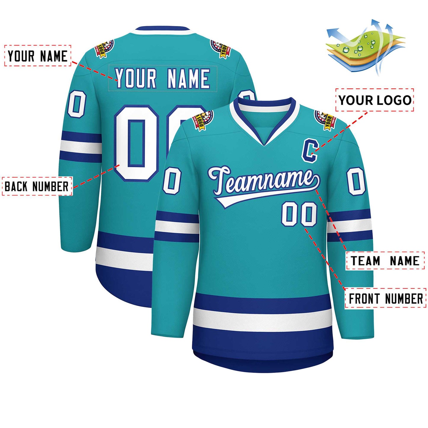 Custom Aqua White-Royal Classic Style Hockey Jersey Limited