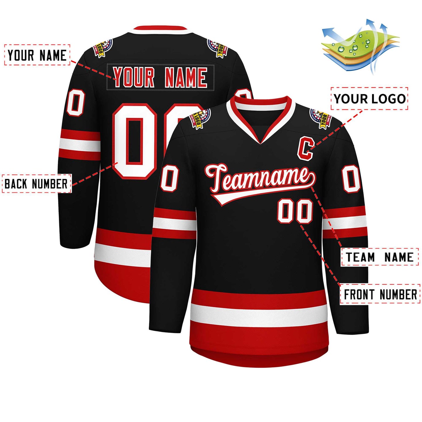 Custom Black White-Red Classic Style Hockey Jersey Limited