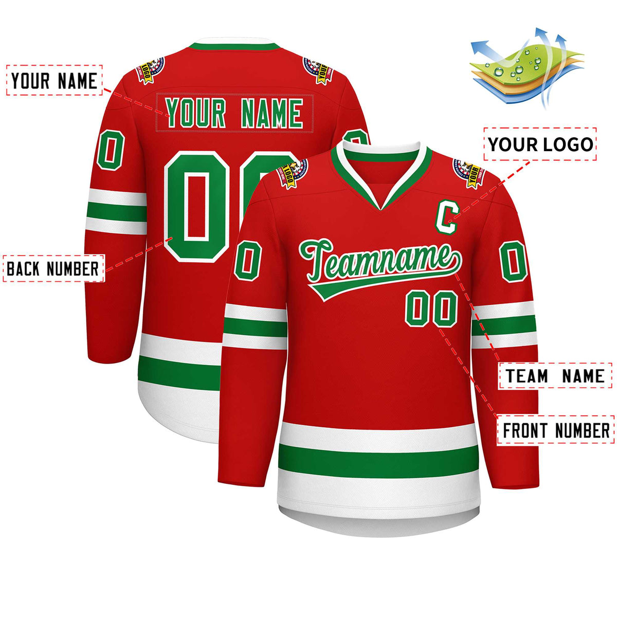 Custom Red Kelly Green-White Classic Style Hockey Jersey Limited
