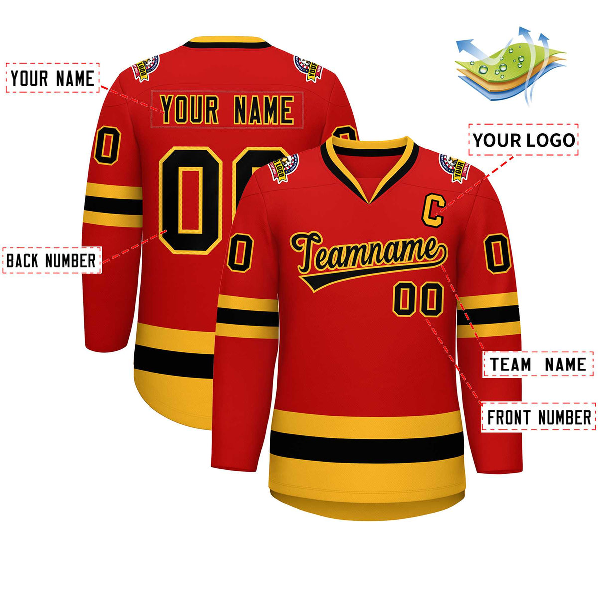 Custom Red Black-Gold Classic Style Hockey Jersey Limited