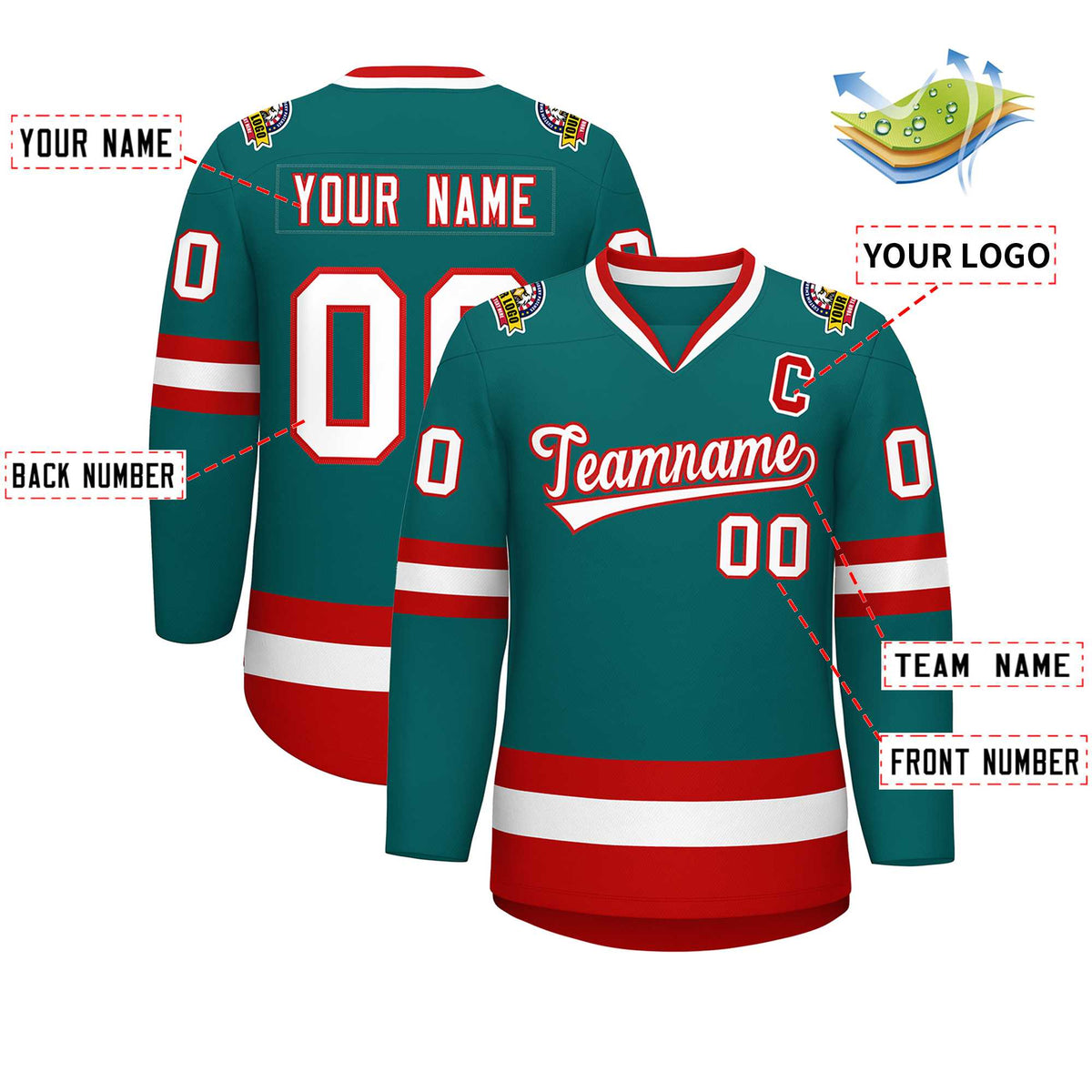 Custom Teal White-Red Classic Style Hockey Jersey Limited