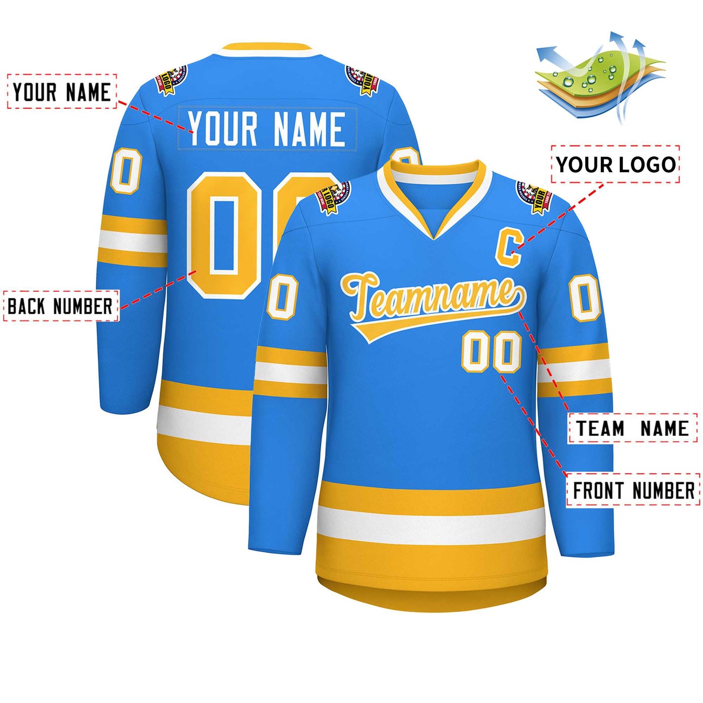 Custom Powder Blue Gold-White Classic Style Hockey Jersey Limited