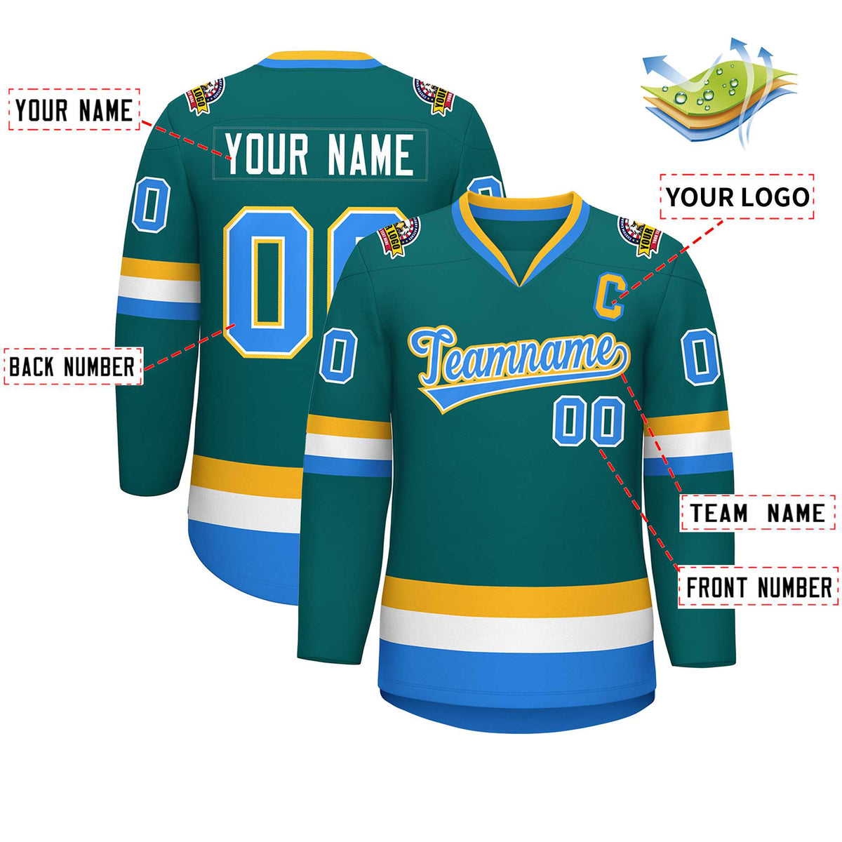 Custom Teal Powder Blue White-Gold Classic Style Hockey Jersey Limited