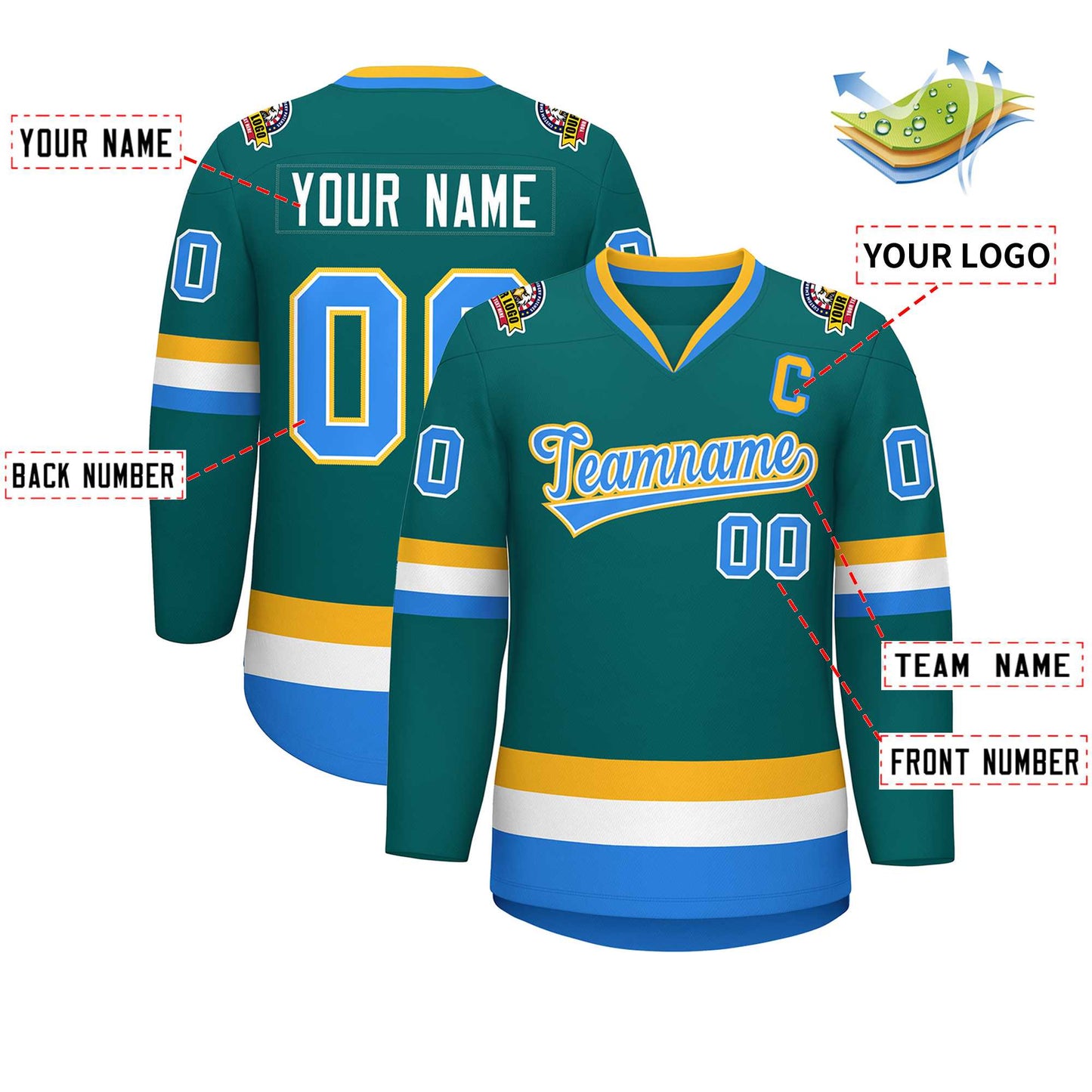 Custom Teal Powder Blue White-Gold Classic Style Hockey Jersey Limited