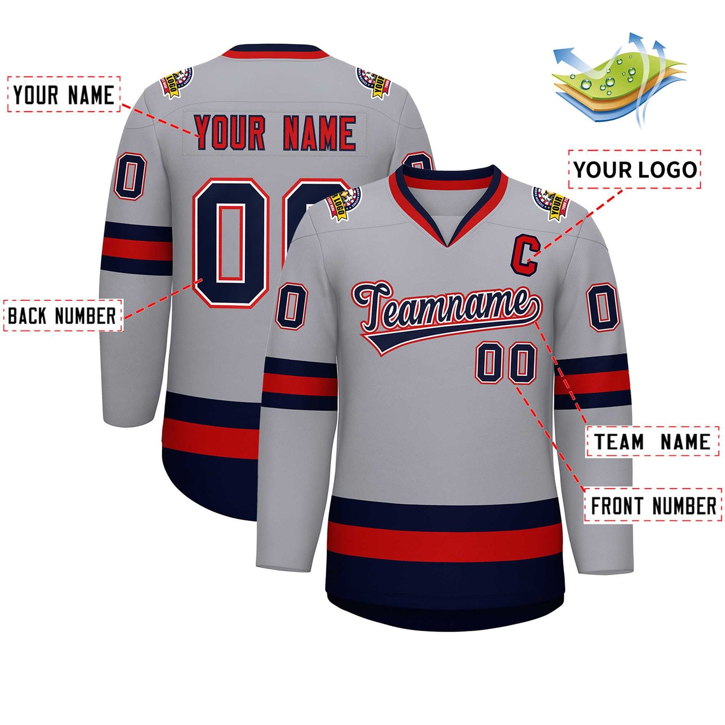 Custom Gray Navy White-Red Classic Style Hockey Jersey Limited
