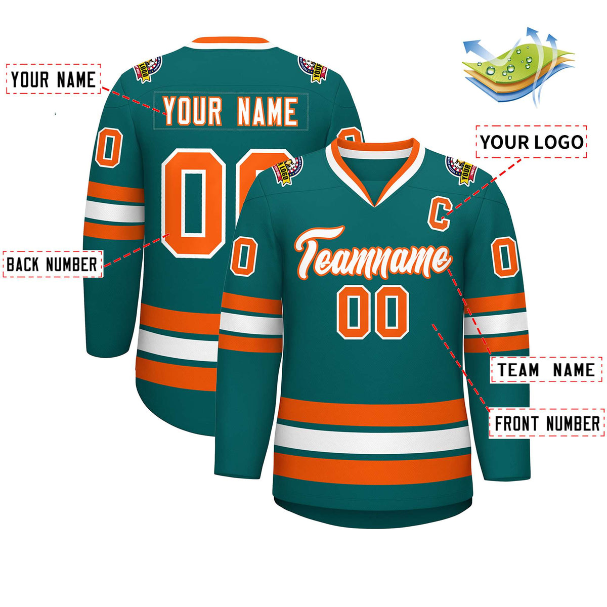 Custom Teal White-Orange Classic Style Hockey Jersey Limited