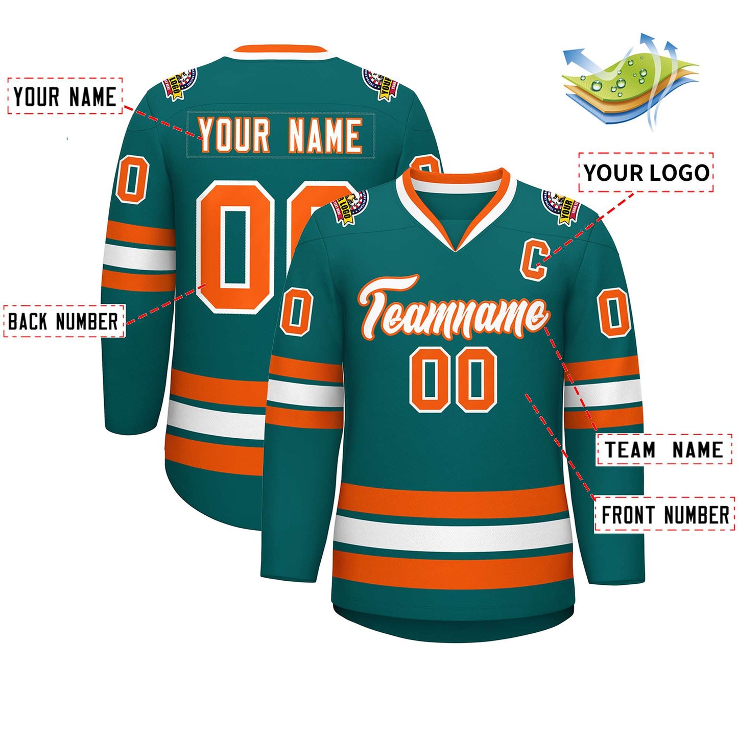 Custom Teal White-Orange Classic Style Hockey Jersey Limited